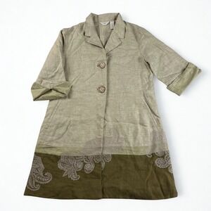 J Jill Linen‎ Embroidered Jacket SP Petite Beige Green Boho Artsy Duster Coat